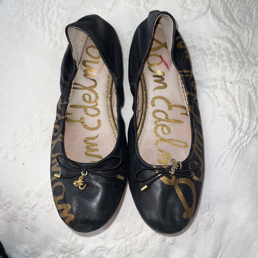 Sam Edelman Women's SZ 7 Felicity Logo Black Leather Slip-on Ballet Flats EUC - Picture 2 of 5
